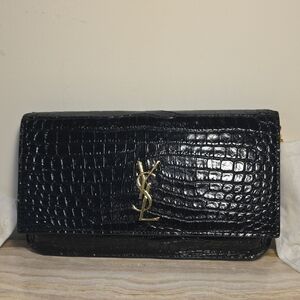 Saint Laurent Black Leather Clutch with Gold Logo